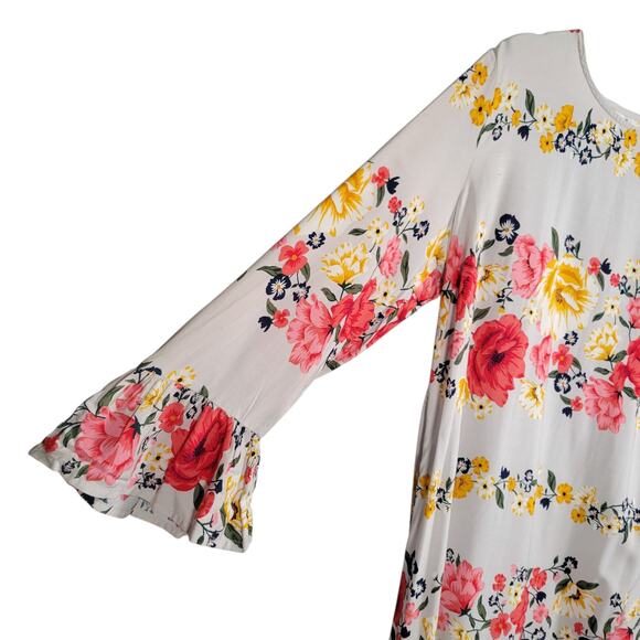 Old Navy M Tall Floral Bell Sleeve Dress Lined White Pink Yellow Midi Boho - Picture 6 of 11